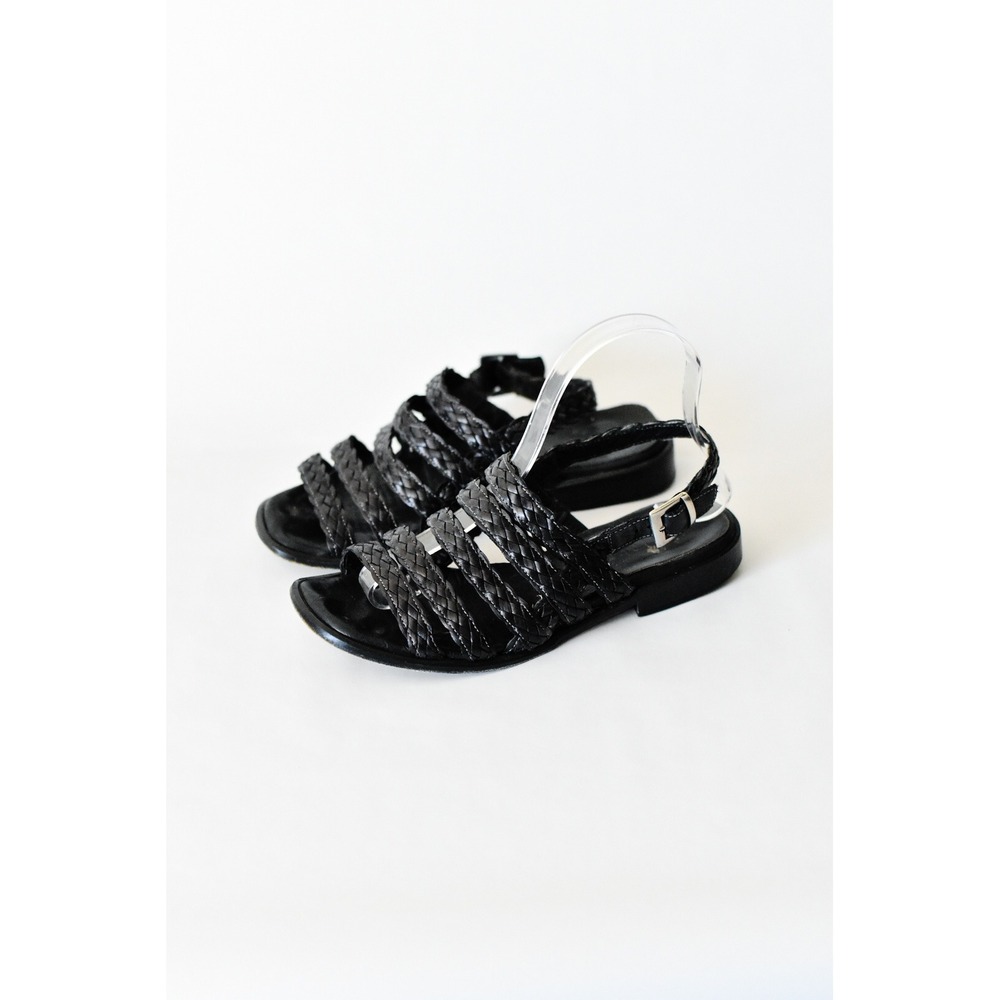Vintage Black Woven Leather Multi Strap Gladiator Sandals Slingback Flat 39